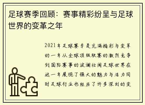 足球赛季回顾：赛事精彩纷呈与足球世界的变革之年