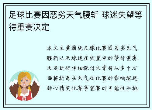足球比赛因恶劣天气腰斩 球迷失望等待重赛决定