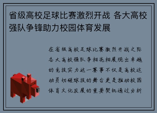 省级高校足球比赛激烈开战 各大高校强队争锋助力校园体育发展