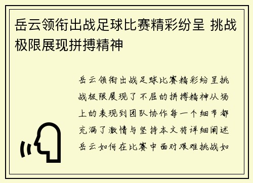 岳云领衔出战足球比赛精彩纷呈 挑战极限展现拼搏精神