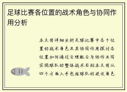 足球比赛各位置的战术角色与协同作用分析