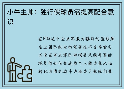 小牛主帅：独行侠球员需提高配合意识