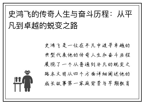 史鸿飞的传奇人生与奋斗历程：从平凡到卓越的蜕变之路