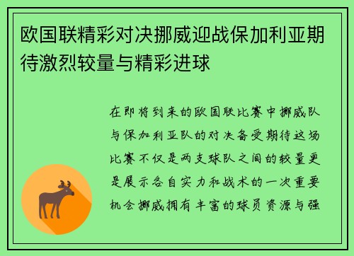 欧国联精彩对决挪威迎战保加利亚期待激烈较量与精彩进球