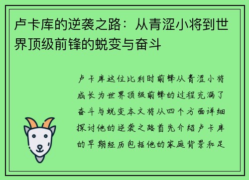 卢卡库的逆袭之路：从青涩小将到世界顶级前锋的蜕变与奋斗