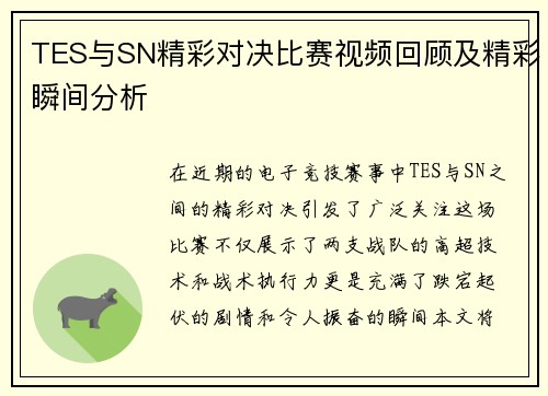 TES与SN精彩对决比赛视频回顾及精彩瞬间分析
