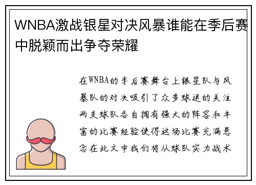WNBA激战银星对决风暴谁能在季后赛中脱颖而出争夺荣耀
