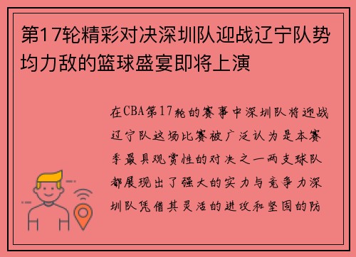 第17轮精彩对决深圳队迎战辽宁队势均力敌的篮球盛宴即将上演