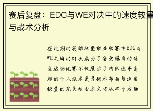 赛后复盘：EDG与WE对决中的速度较量与战术分析