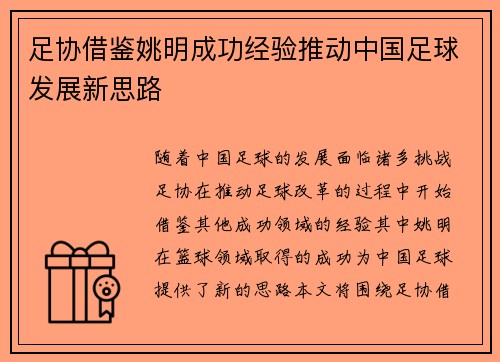 足协借鉴姚明成功经验推动中国足球发展新思路